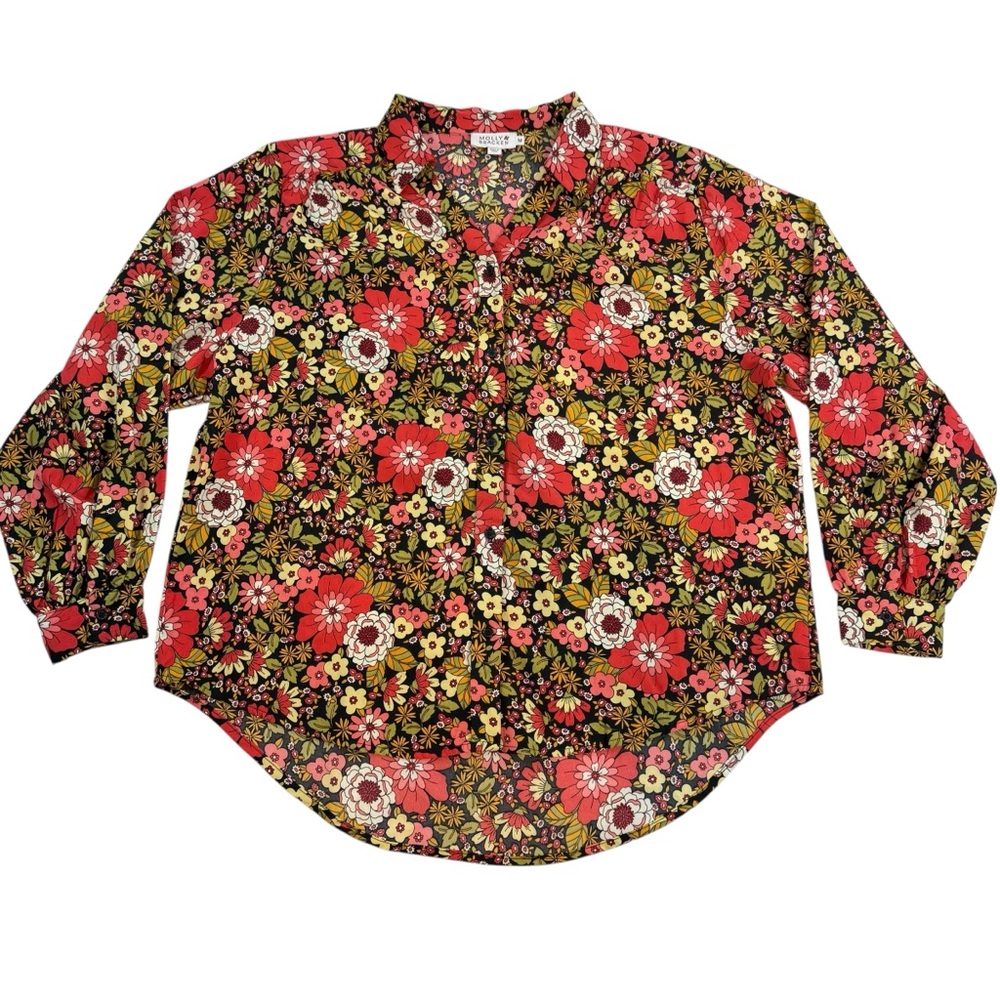 Molly Bracken Button Down Blouse Green Red Floral Print Puff Sleeve Boho